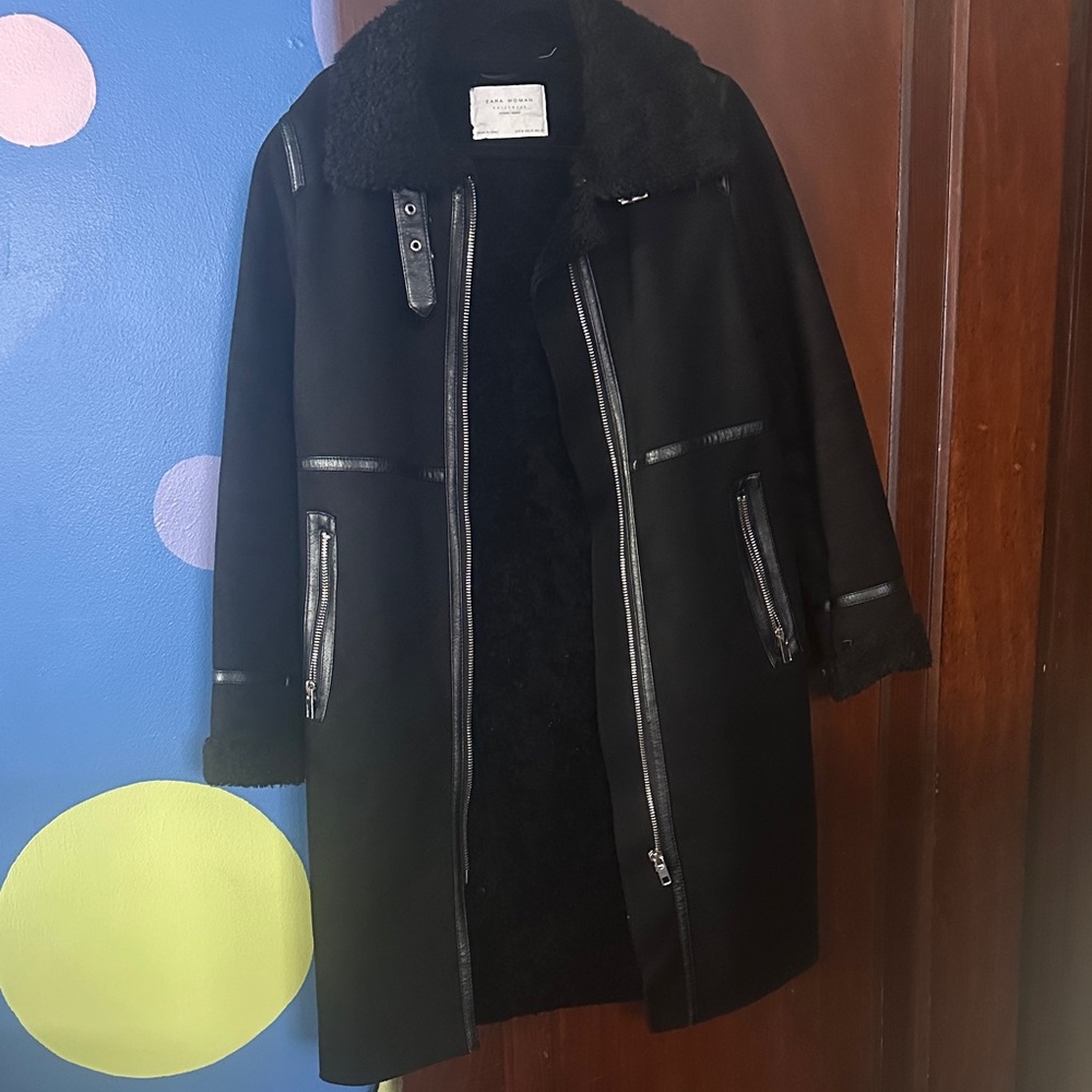 Zara Black Pea Coat with Shearling Collar